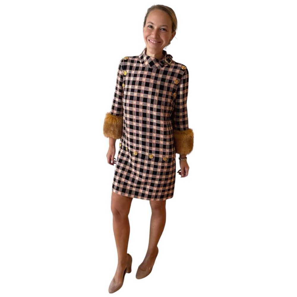 GUCCI‎ Tweed Damier Snap Off Mini Tunic Dress Pink BarbieCore W Fur Detail Sz 38